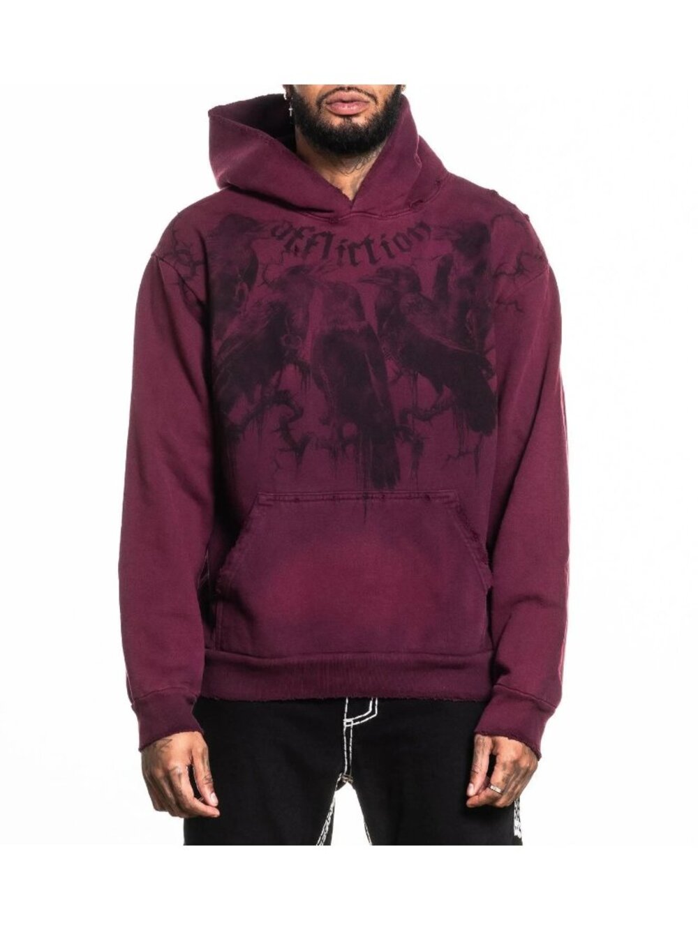 Affliction Crows Po Hood BURGANDY VAPOR WASH 2XL NWT
